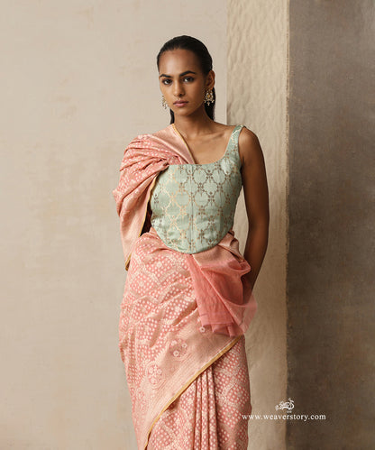 Soft Pink Handloom Pure Kora Cotton Kadhwa Banarasi Saree With Peach Selvedge