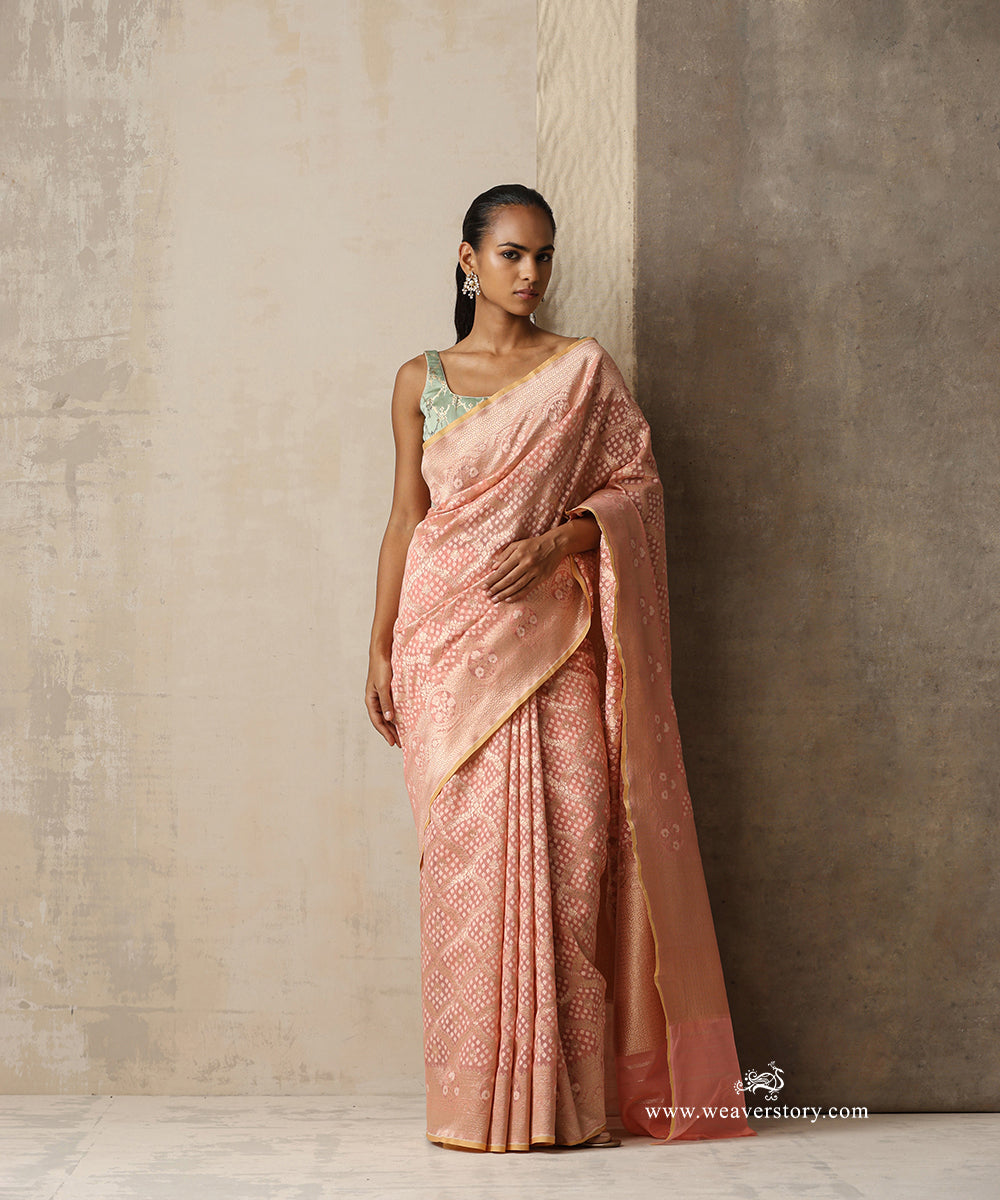 Soft Pink Handloom Pure Kora Cotton Kadhwa Banarasi Saree With Peach Selvedge