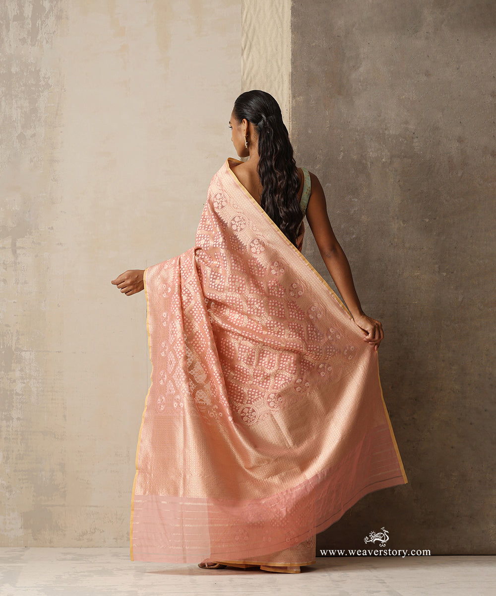 Soft Pink Handloom Pure Kora Cotton Kadhwa Banarasi Saree With Peach Selvedge