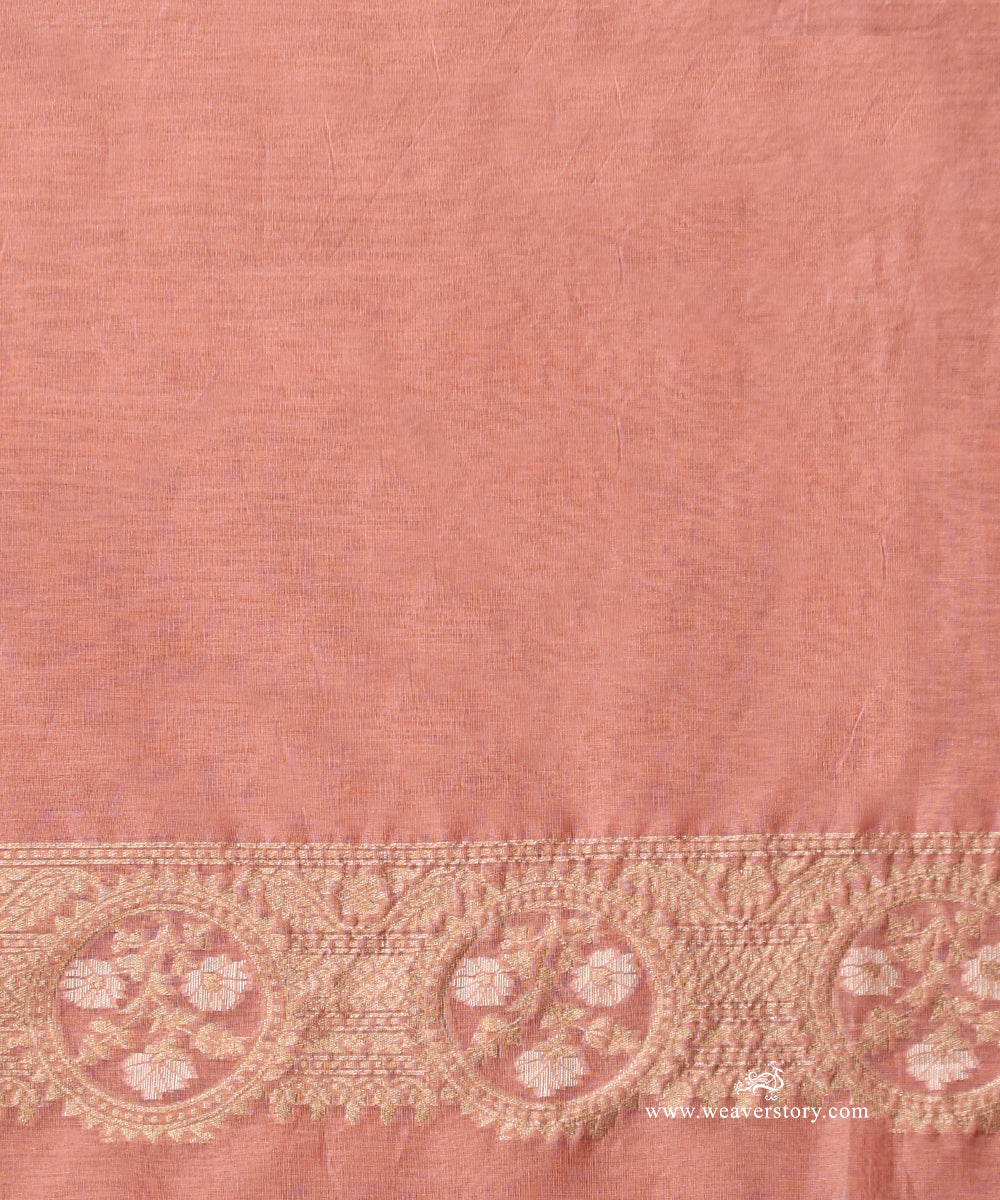 Soft Pink Handloom Pure Kora Cotton Kadhwa Banarasi Saree With Peach Selvedge