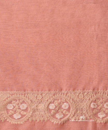 Soft Pink Handloom Pure Kora Cotton Kadhwa Banarasi Saree With Peach Selvedge