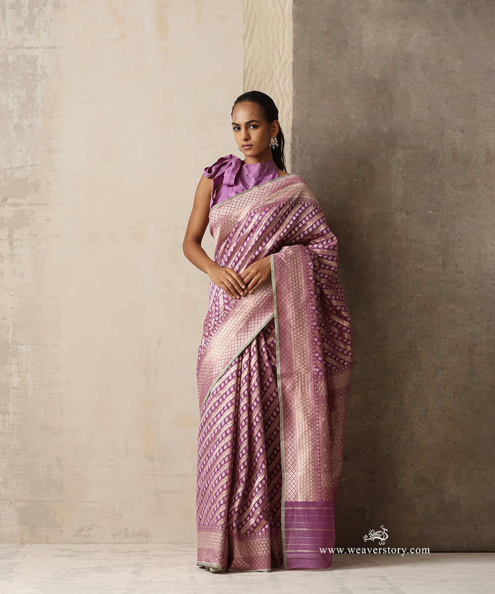 Lilac Handloom Pure Kora Cotton Kadhwa Banarasi Saree With Allover Aadi Jaal
