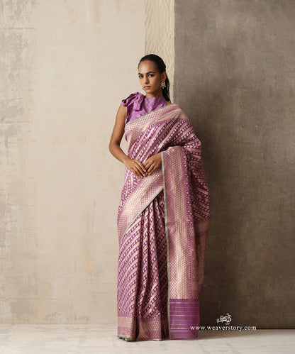 Lilac Handloom Pure Kora Cotton Kadhwa Banarasi Saree With Allover Aadi Jaal