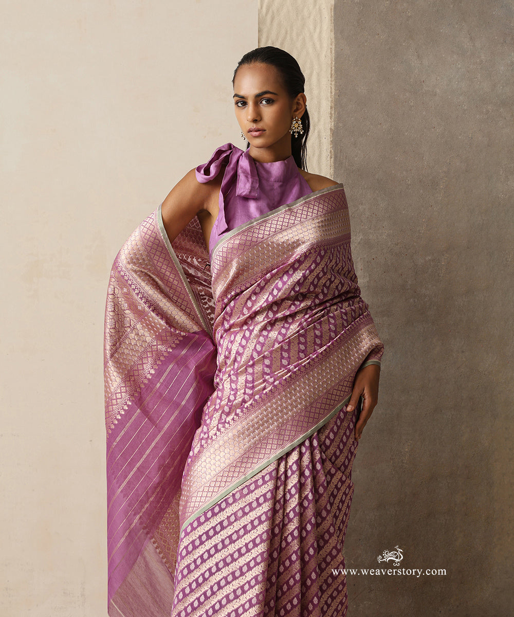 Lilac Handloom Pure Kora Cotton Kadhwa Banarasi Saree With Allover Aadi Jaal