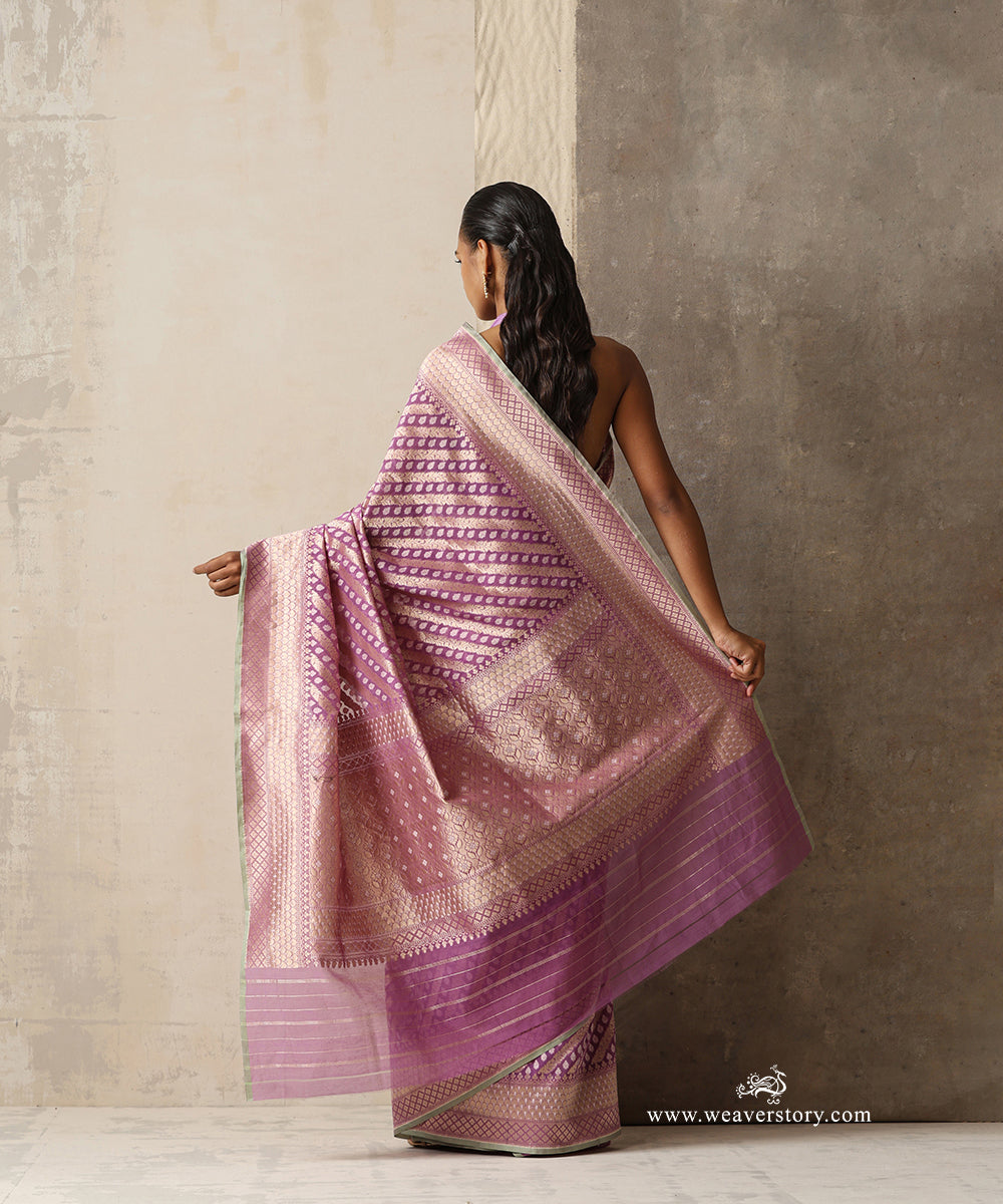 Lilac Handloom Pure Kora Cotton Kadhwa Banarasi Saree With Allover Aadi Jaal