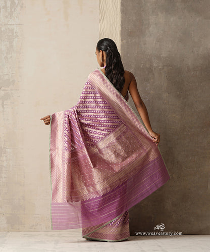 Lilac Handloom Pure Kora Cotton Kadhwa Banarasi Saree With Allover Aadi Jaal