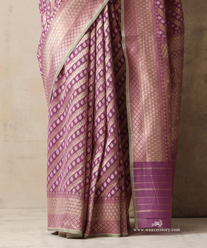 Lilac Handloom Pure Kora Cotton Kadhwa Banarasi Saree With Allover Aadi Jaal