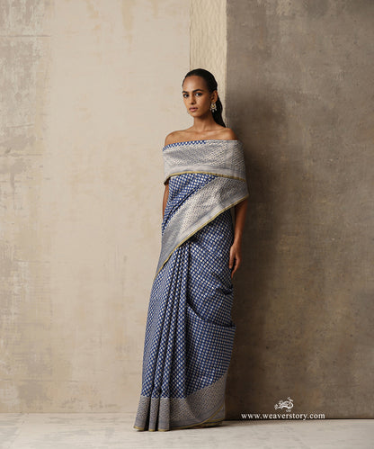Ink Blue Handloom Pure Kora Cotton Banarasi Saree With Allover Aadi Jaal