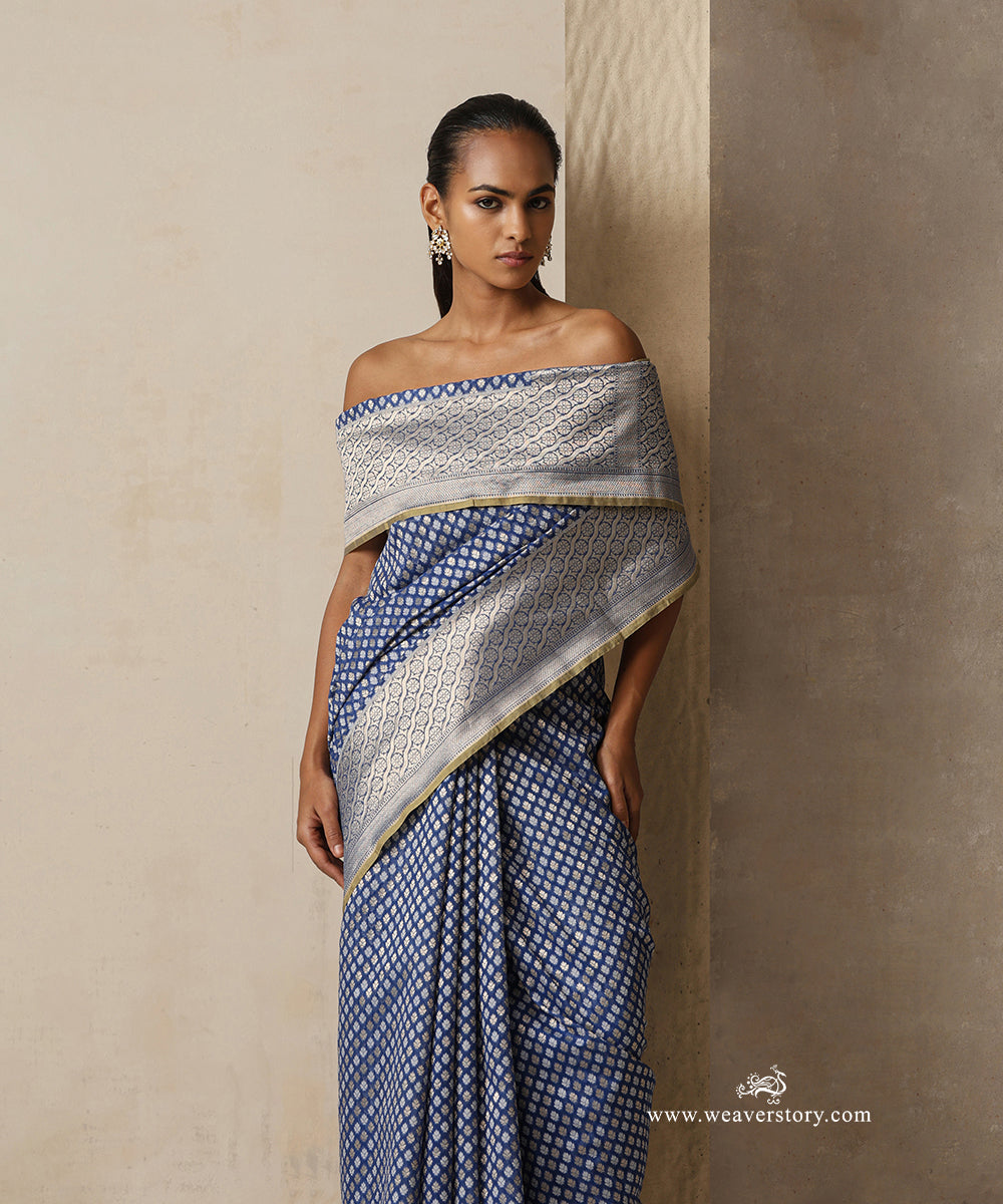 Ink Blue Handloom Pure Kora Cotton Banarasi Saree With Allover Aadi Jaal