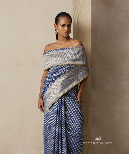 Ink Blue Handloom Pure Kora Cotton Banarasi Saree With Allover Aadi Jaal