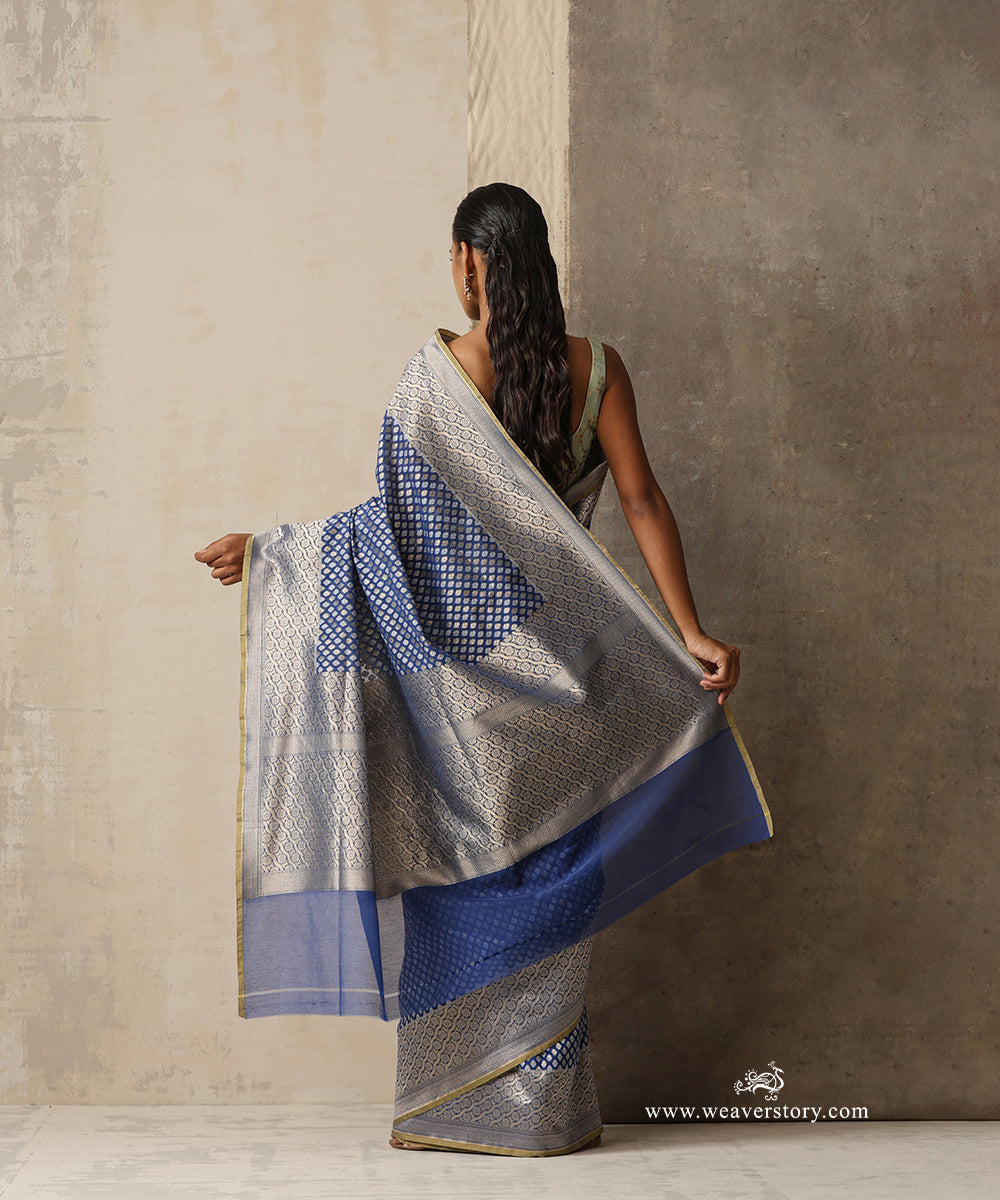 Ink Blue Handloom Pure Kora Cotton Banarasi Saree With Allover Aadi Jaal