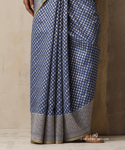 Ink Blue Handloom Pure Kora Cotton Banarasi Saree With Allover Aadi Jaal