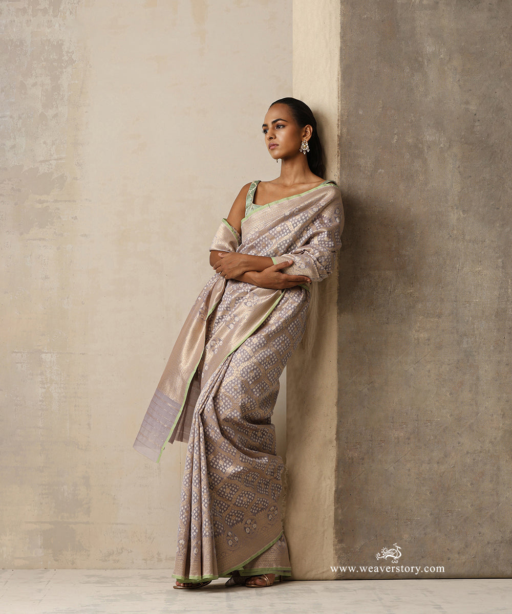 Grey Handloom Pure Kora Cotton Kadhwa Banarasi Saree With Allover Floral Jaal And Green Selvedge