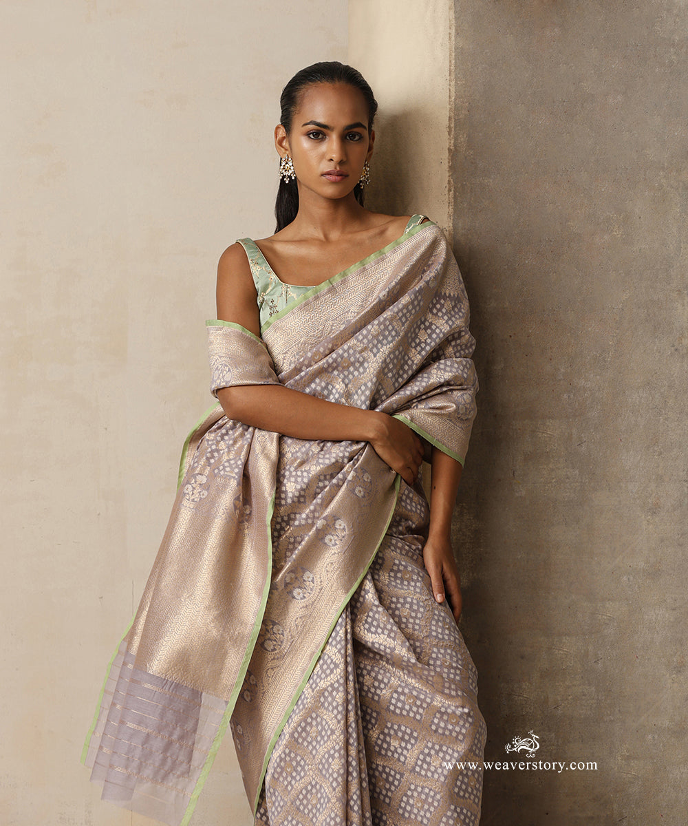 Grey Handloom Pure Kora Cotton Kadhwa Banarasi Saree With Allover Floral Jaal And Green Selvedge