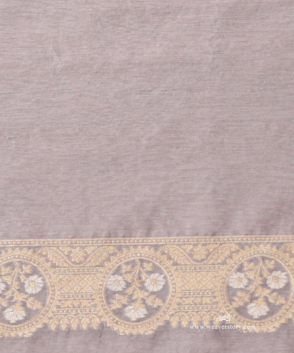 Grey Handloom Pure Kora Cotton Kadhwa Banarasi Saree With Allover Floral Jaal And Green Selvedge