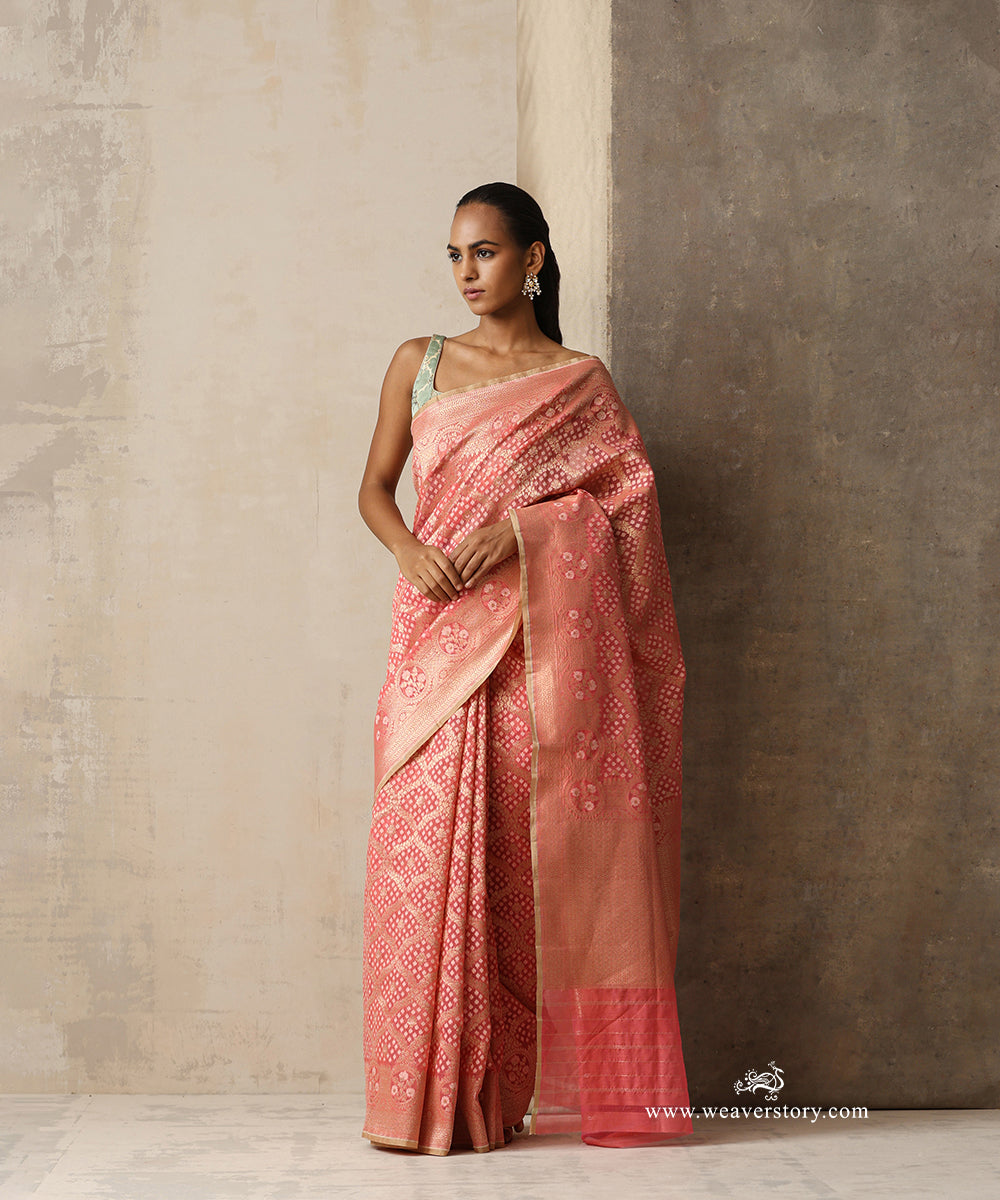 Coral Pink Handloom Kora Cotton Kadhwa Banarasi Saree With Allover Floral Jaal And Beige Selvedge