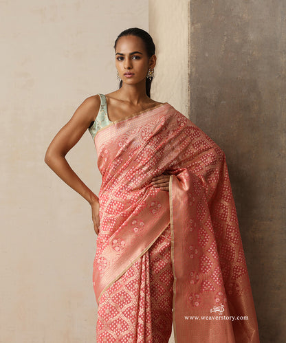 Coral Pink Handloom Kora Cotton Kadhwa Banarasi Saree With Allover Floral Jaal And Beige Selvedge
