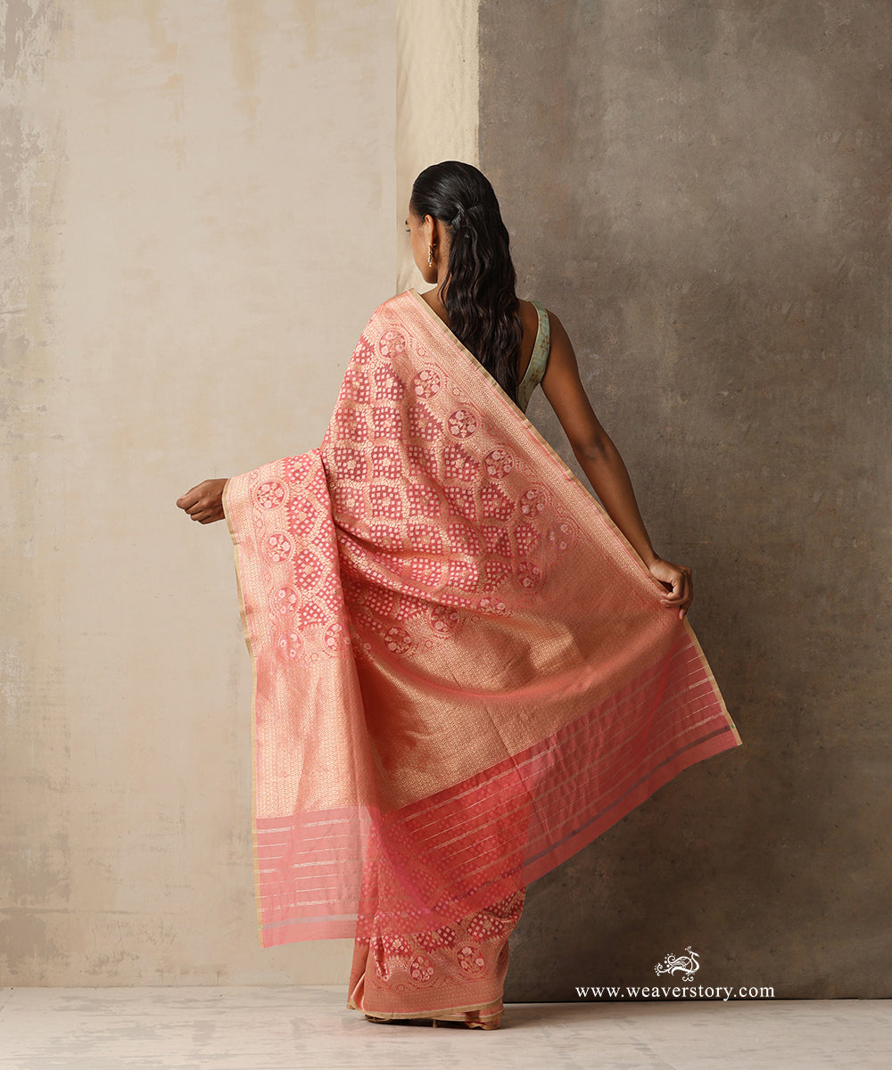Coral Pink Handloom Kora Cotton Kadhwa Banarasi Saree With Allover Floral Jaal And Beige Selvedge