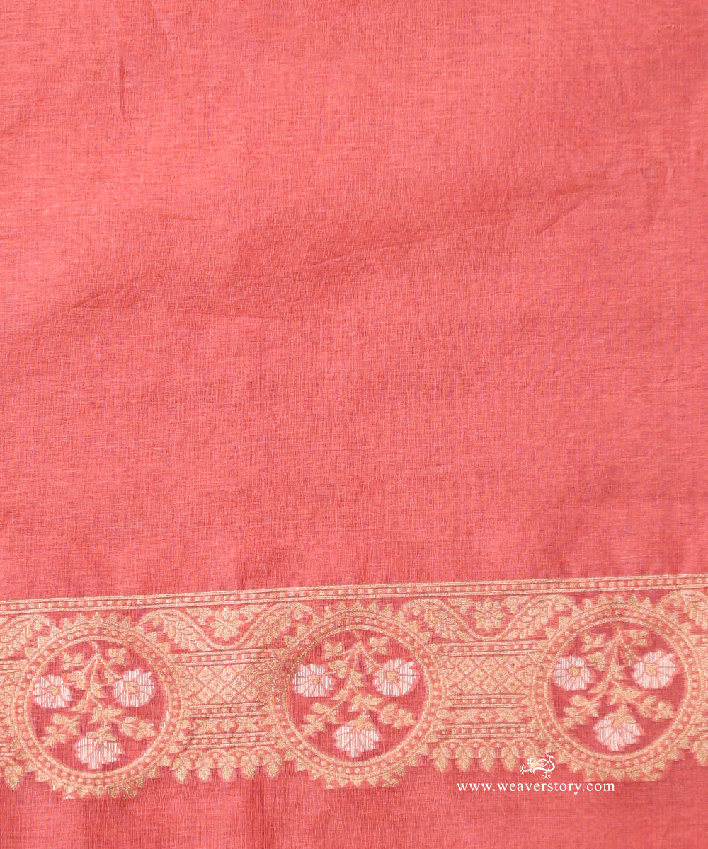 Coral Pink Handloom Kora Cotton Kadhwa Banarasi Saree With Allover Floral Jaal And Beige Selvedge