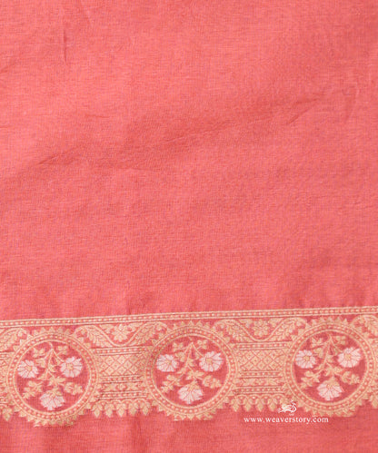 Coral Pink Handloom Kora Cotton Kadhwa Banarasi Saree With Allover Floral Jaal And Beige Selvedge
