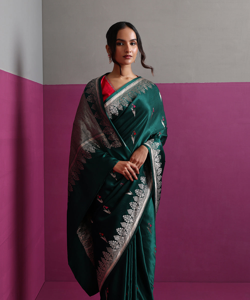 Dark_Green_Mashru_Silk_Banarasi_Saree_With_Lotus_Motifs_&amp;_Pink_Meena_WeaverStory_01