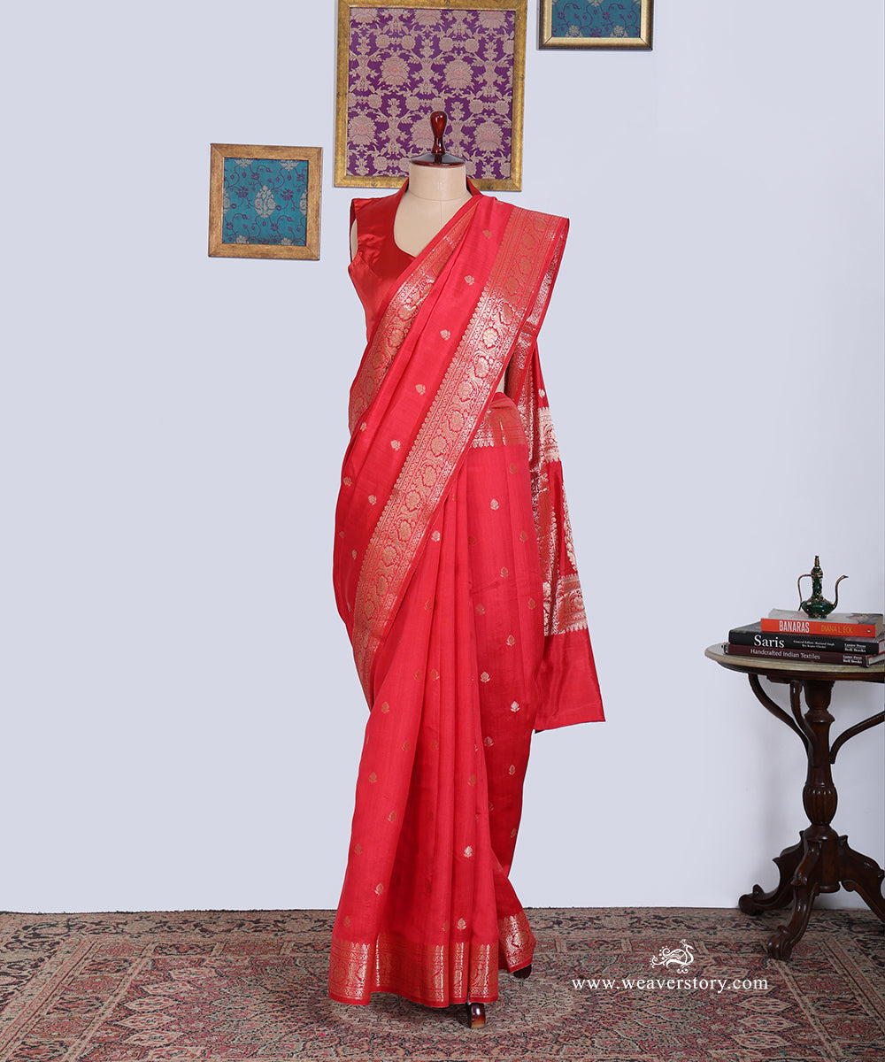 Red_Handloom_Pure_Chiniya_Silk_Banarasi_Saree_With_Cutwork_Boota_And_Havey_Blouse_WeaverStory_01