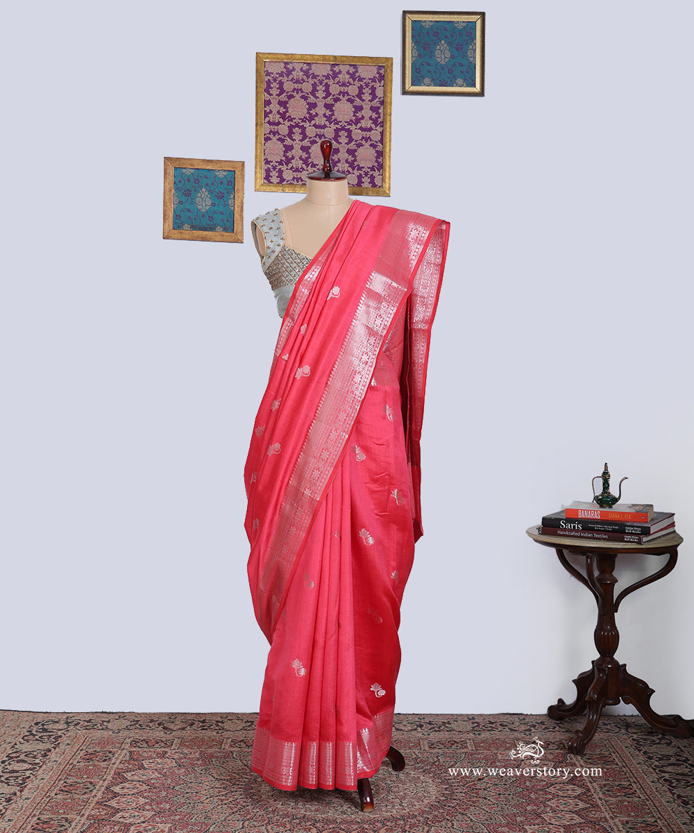 Cattot_Pink_Handloom_Pure_Chiniya_Silk_Banarasi_Saree_With_Cutwork_Flower_Boota_And_Havey_Blouse_WeaverStory_01