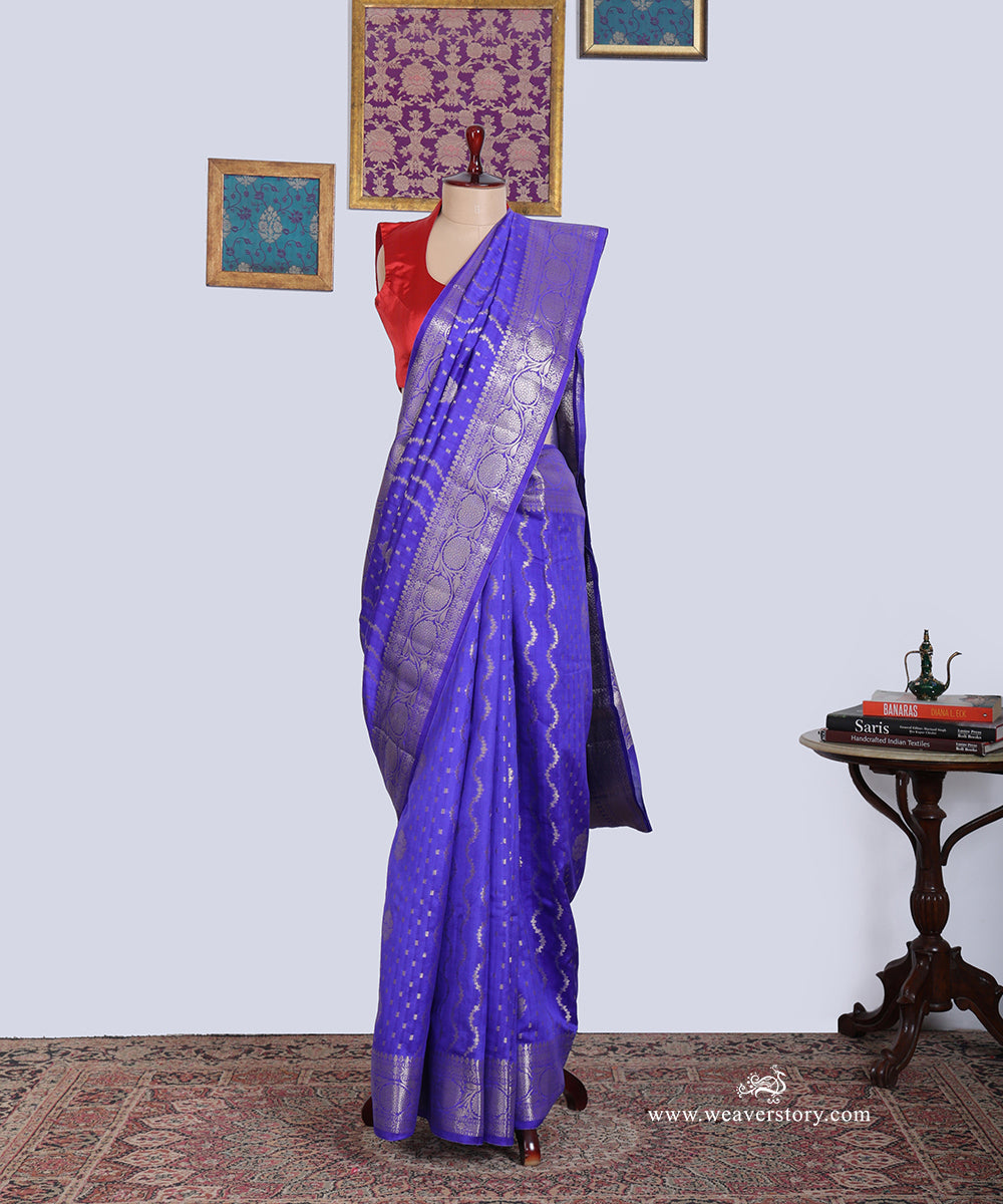 Blue_Handloom_Pure_Chiniya_Silk_Banarasi_Saree_With_Gold_Zari_Flower_Border_WeaverStory_01