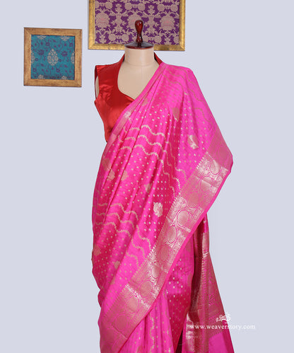 Pink_Handloom_Pure_Chiniya_Silk_Banarasi_Saree_With_Gold_Zari_Flower_Border_WeaverStory_02