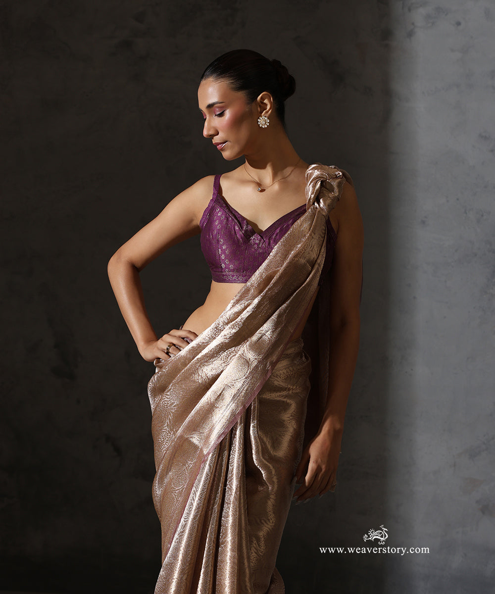 Champagne pink Banarasi tissue Tanchoi saree with zari border, close front view