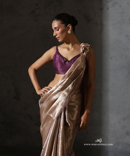 Champagne pink Banarasi tissue Tanchoi saree with zari border, close front view