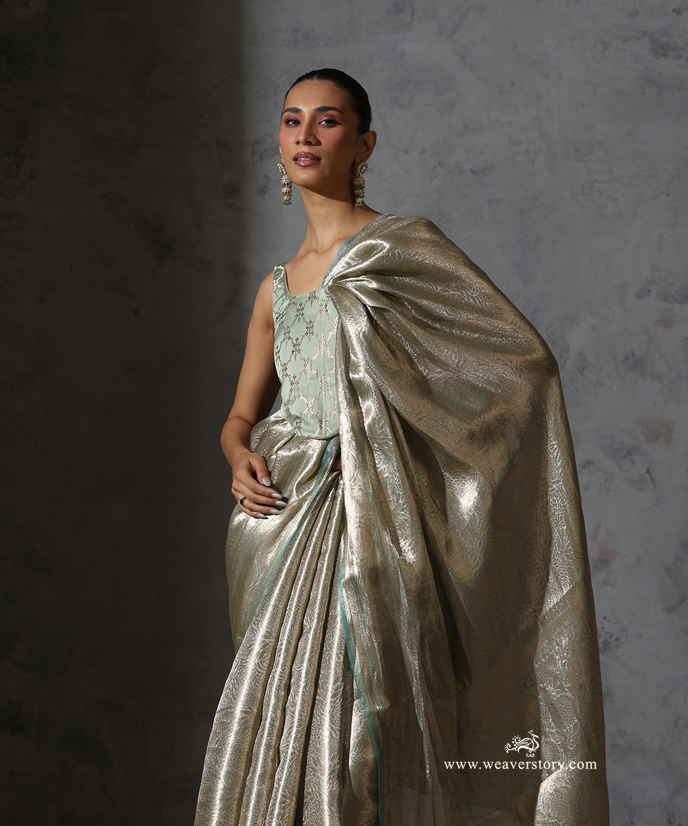 Mint green and gold Banarasi tissue Tanchoi saree with woven florals, front detail