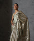 Mint green and gold Banarasi tissue Tanchoi saree with woven florals, front detail