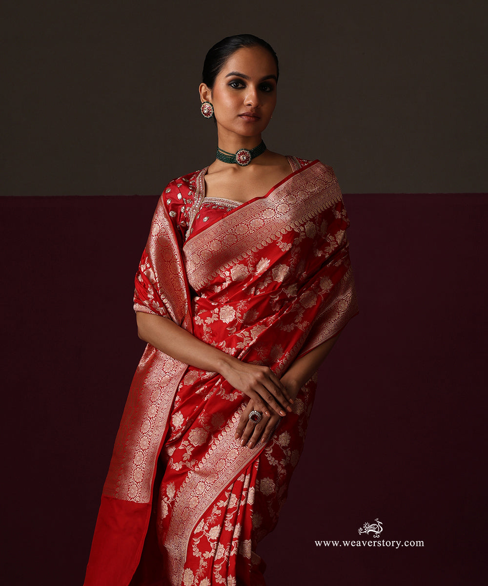 Red Pure Katan Silk Banarasi Saree With Cutwork Floral Jaal