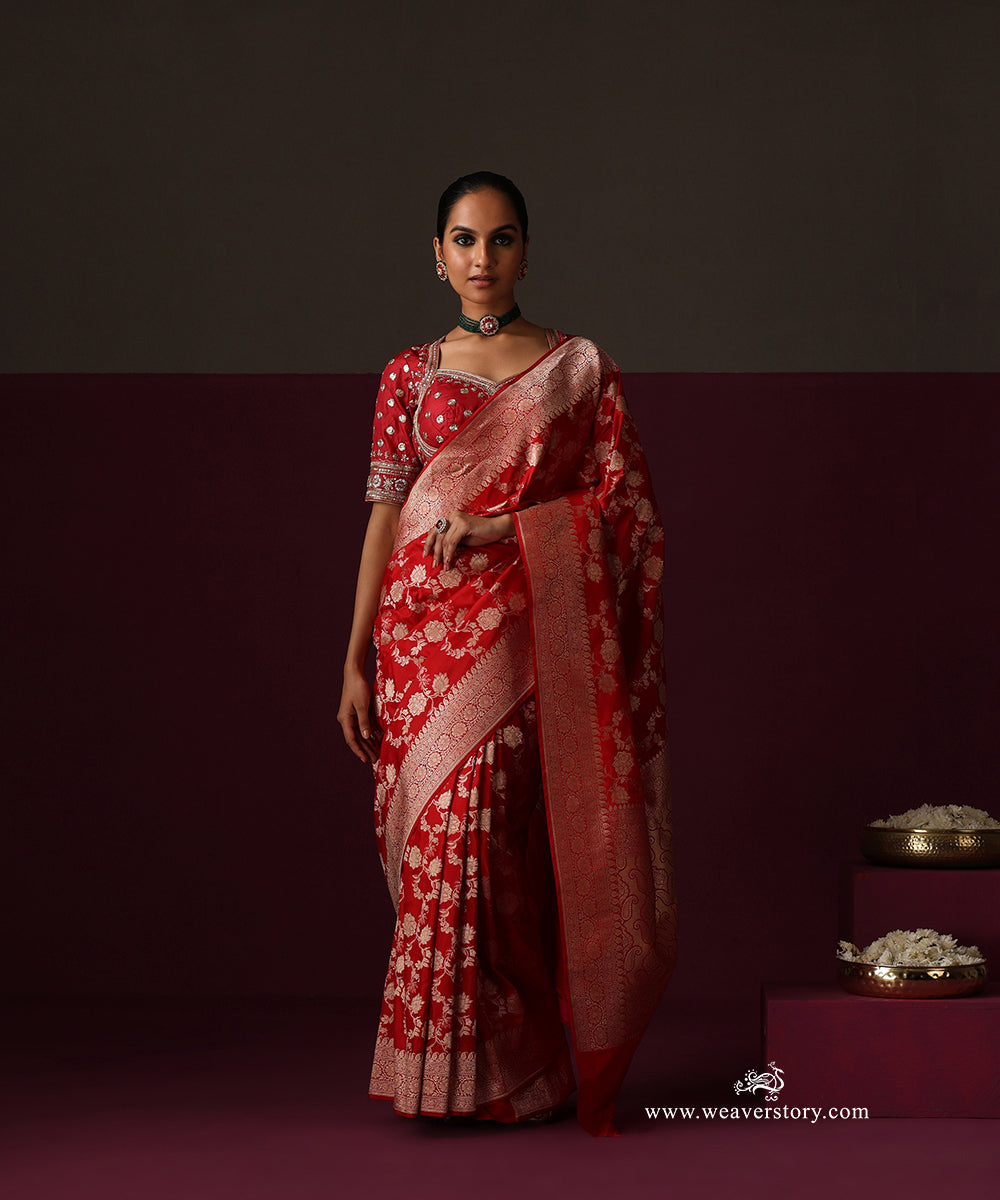 Red Pure Katan Silk Banarasi Saree With Cutwork Floral Jaal