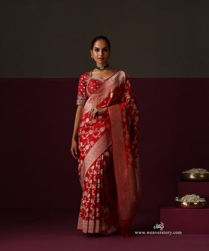 Red Pure Katan Silk Banarasi Saree With Cutwork Floral Jaal