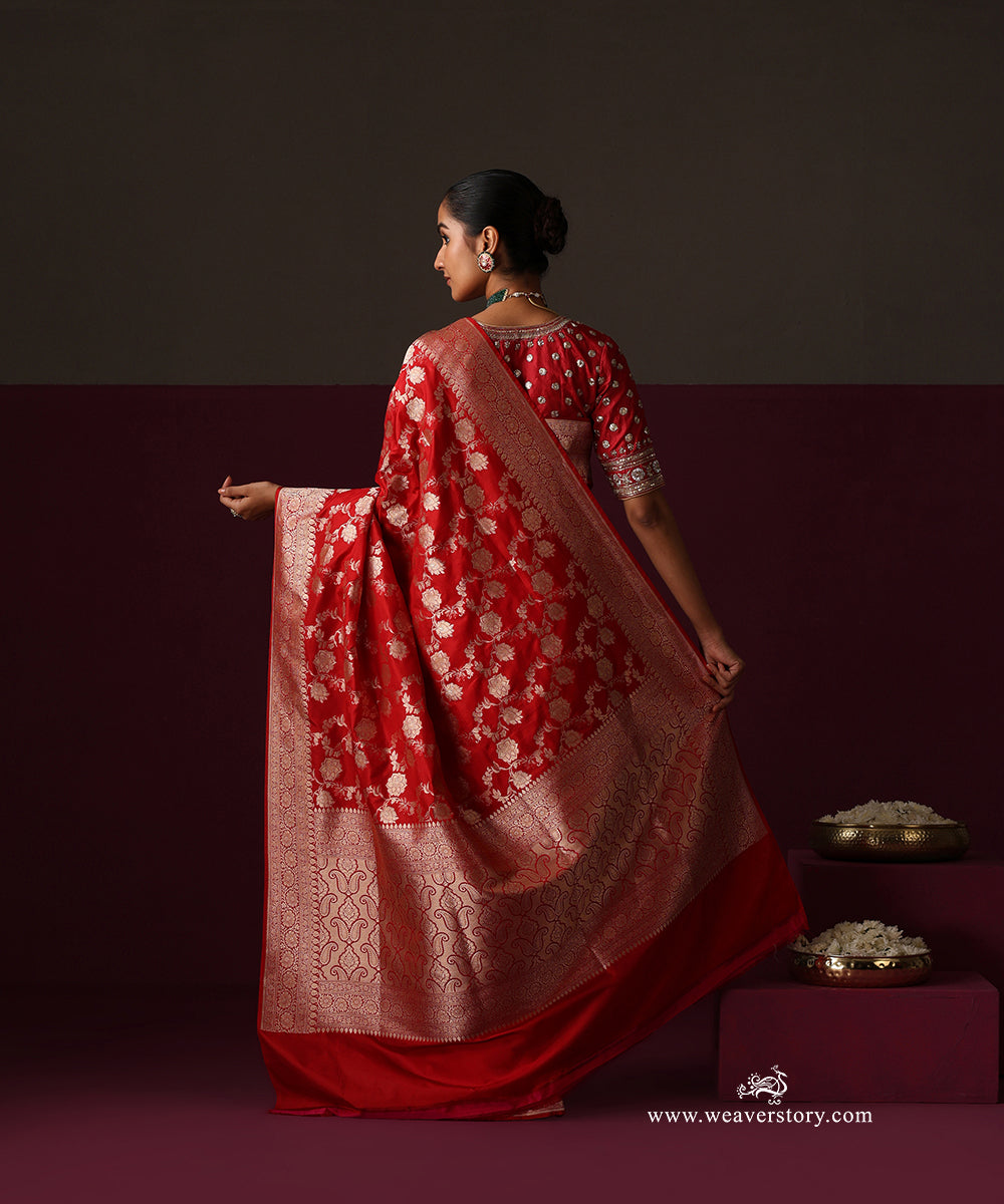 Red Pure Katan Silk Banarasi Saree With Cutwork Floral Jaal
