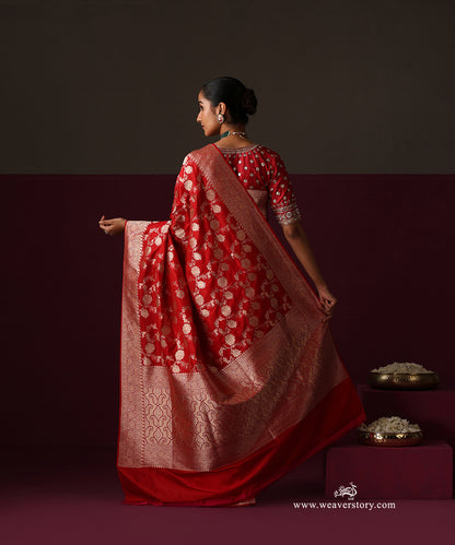 Red Pure Katan Silk Banarasi Saree With Cutwork Floral Jaal