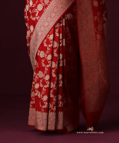 Red Pure Katan Silk Banarasi Saree With Cutwork Floral Jaal