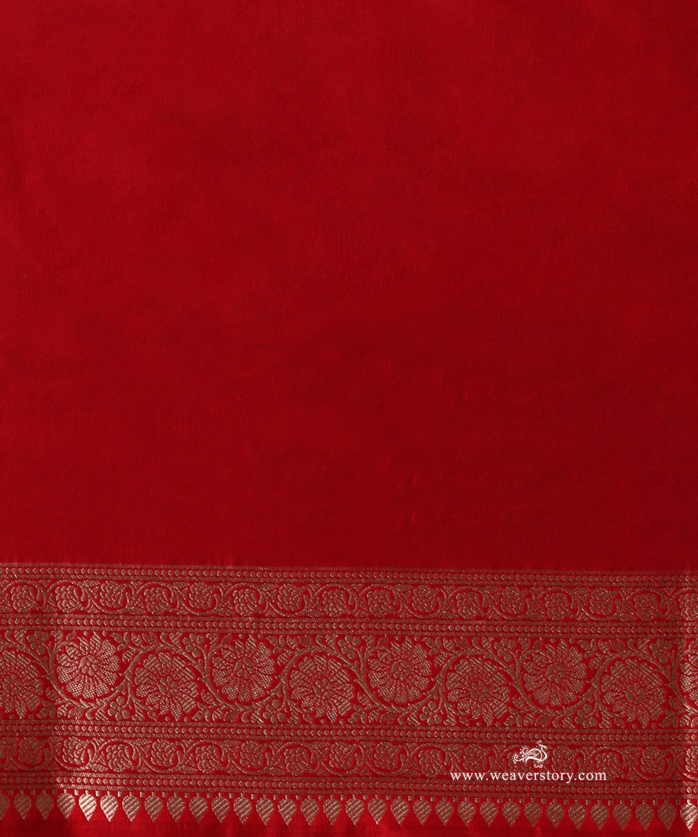Red Pure Katan Silk Banarasi Saree With Cutwork Floral Jaal