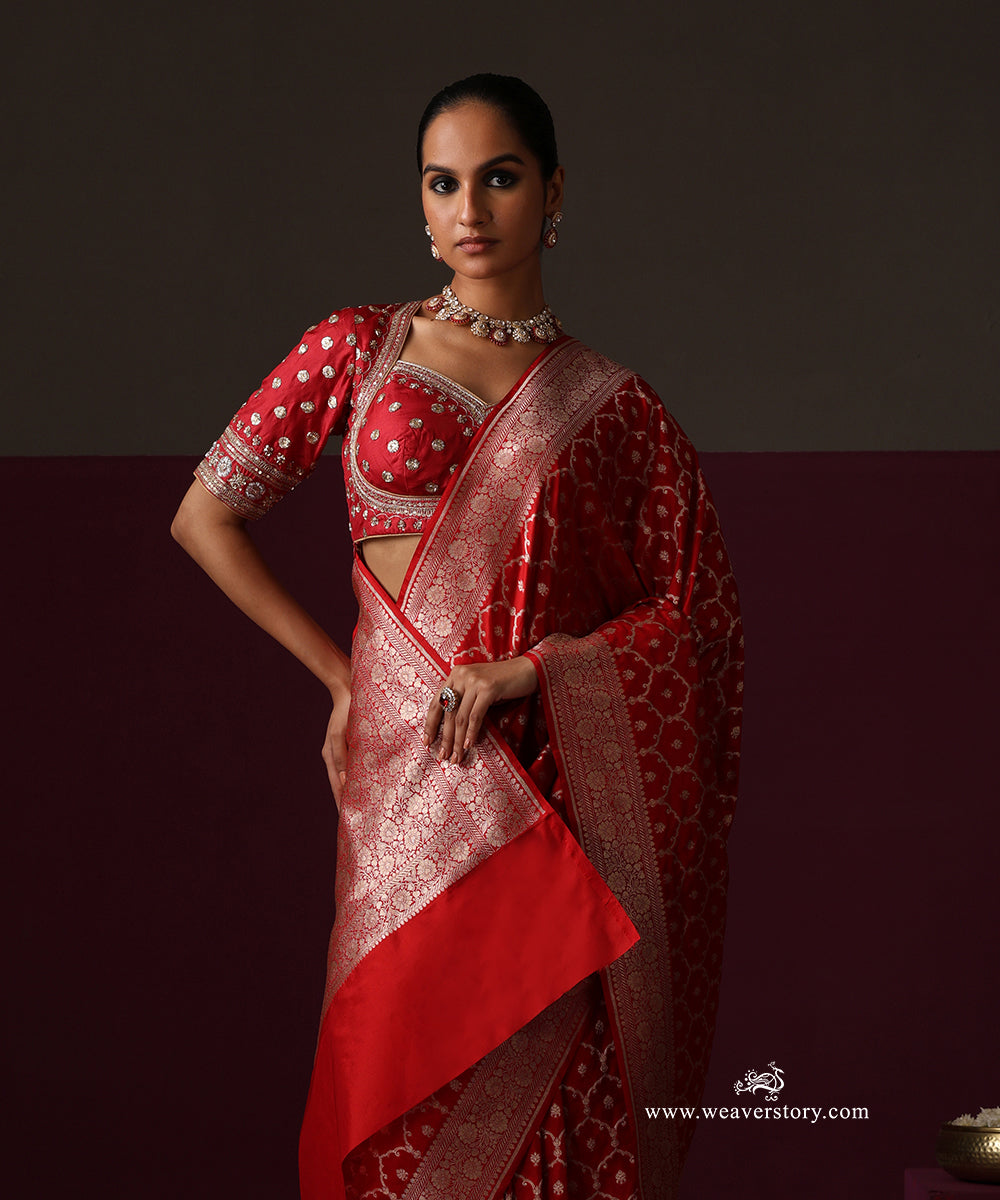 Red Pure Katan Silk Banarasi Cutwork Saree With Floral Border