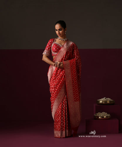 Red Pure Katan Silk Banarasi Cutwork Saree With Floral Border