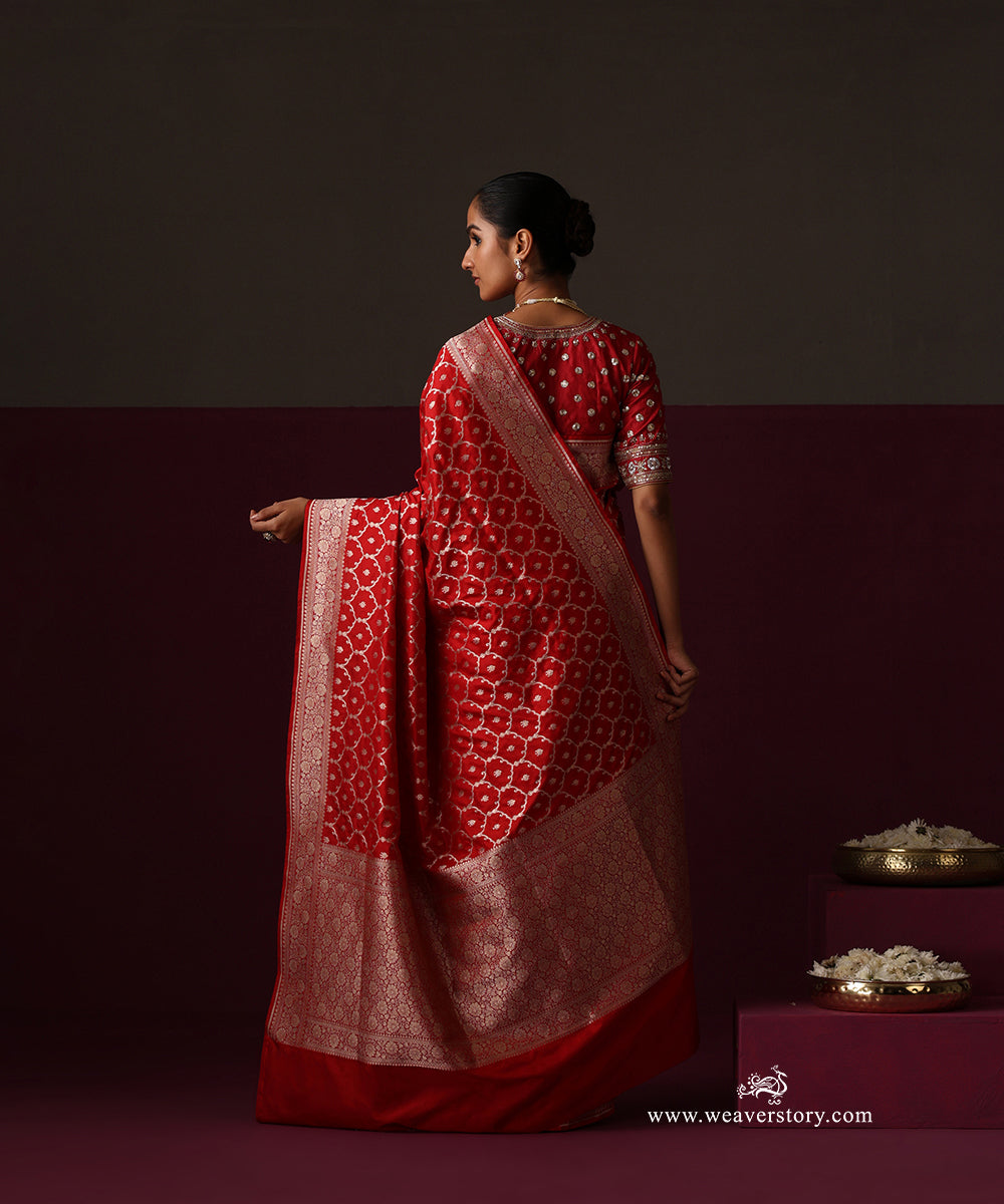 Red Pure Katan Silk Banarasi Cutwork Saree With Floral Border