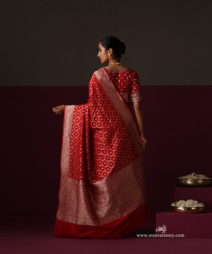 Red Pure Katan Silk Banarasi Cutwork Saree With Floral Border