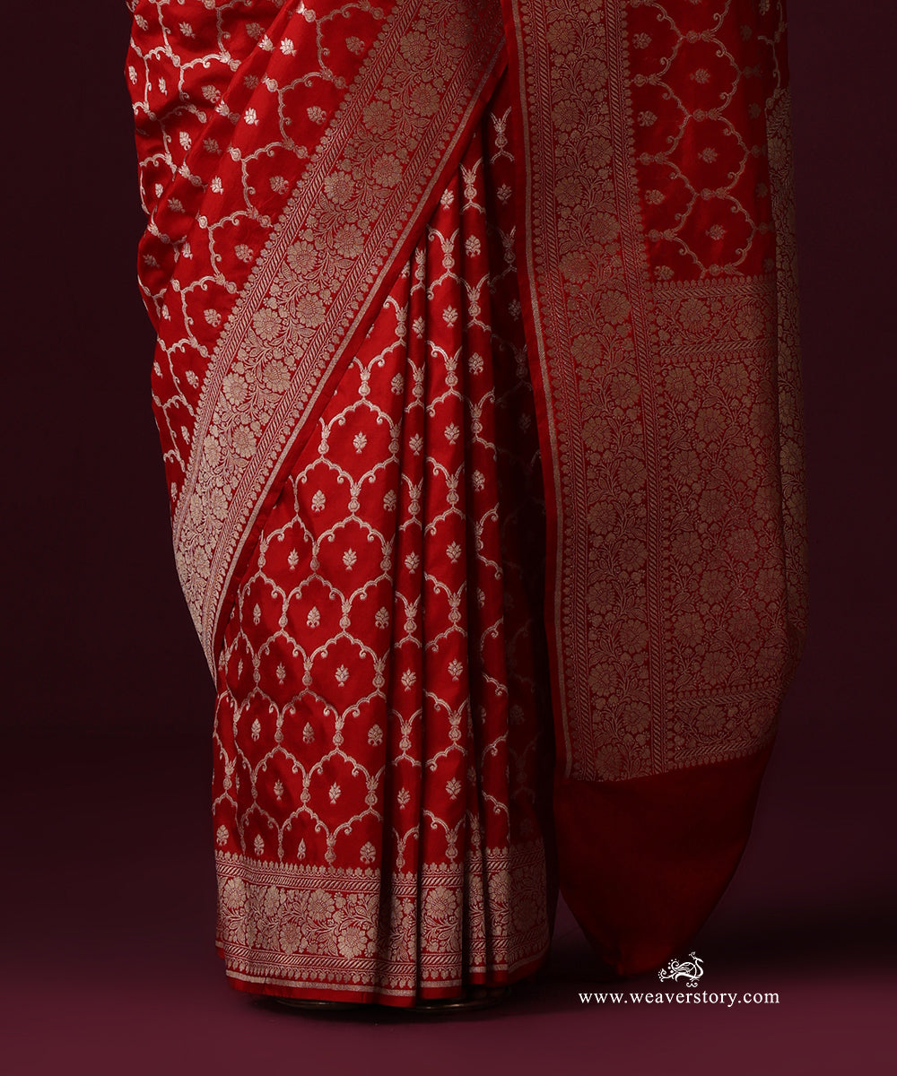 Red Pure Katan Silk Banarasi Cutwork Saree With Floral Border