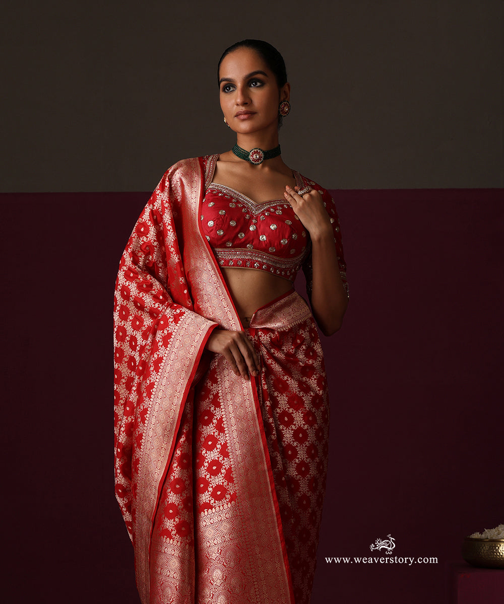 Red Pure Katan Silk Banarasi Cutwork Saree With Floral Jaal