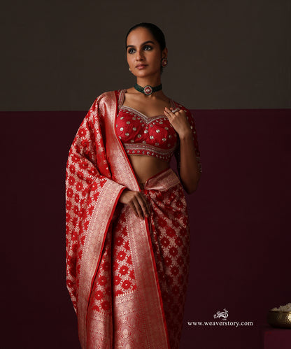 Red Pure Katan Silk Banarasi Cutwork Saree With Floral Jaal