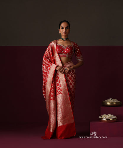 Red Pure Katan Silk Banarasi Cutwork Saree With Floral Jaal
