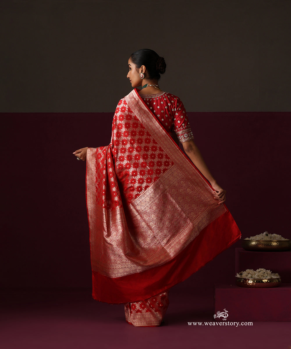 Red Pure Katan Silk Banarasi Cutwork Saree With Floral Jaal
