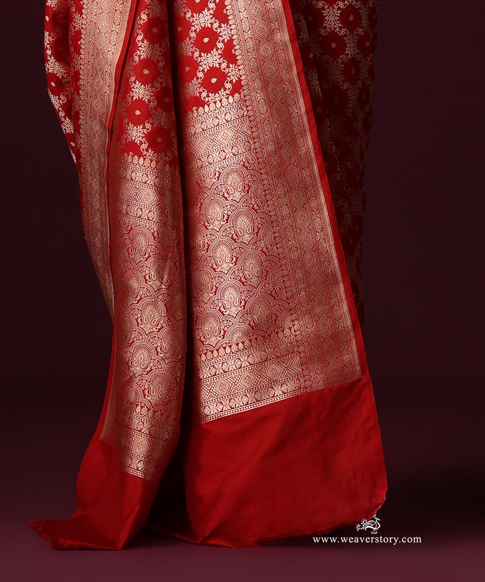 Red Pure Katan Silk Banarasi Cutwork Saree With Floral Jaal
